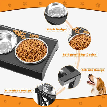 Dog Double Elevated Bowls Stand 3 Adjustable Height
