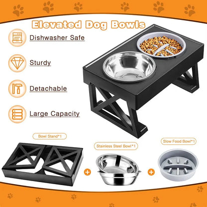 Dog Double Elevated Bowls Stand 3 Adjustable Height